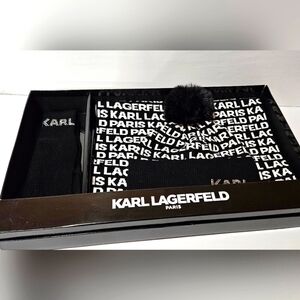 NWT Karl Lagerfeld Beanie, Scarf And Gloves Set. Black And White Logo W/ Box